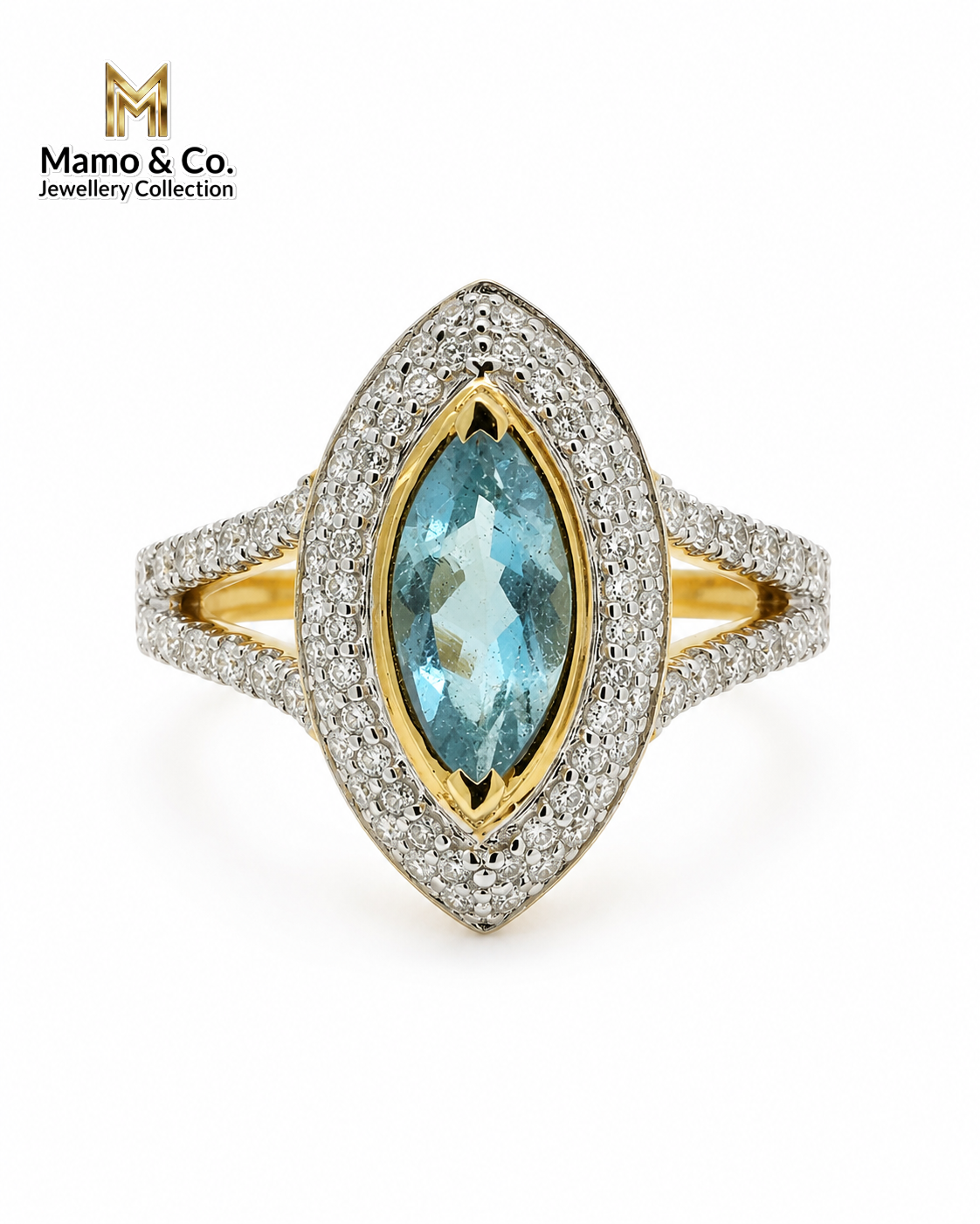 The Marquise Aquamarine Halo Ring